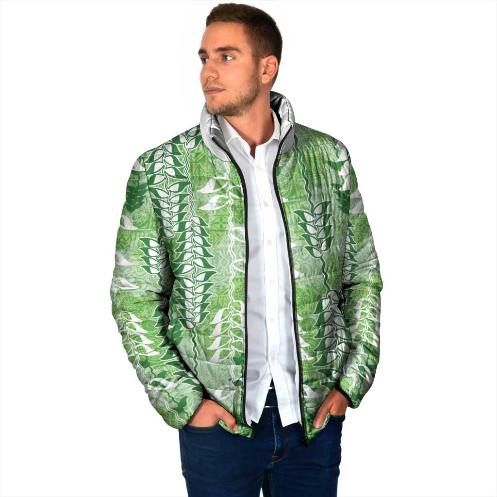 Green Hawaii Tapa Pattern Padded Jacket With Heliconia Vintage Style