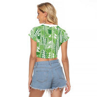 Green Hawaii Tapa Pattern Raglan Cropped T Shirt With Heliconia Vintage Style