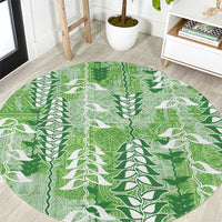 Green Hawaii Tapa Pattern Round Carpet With Heliconia Vintage Style