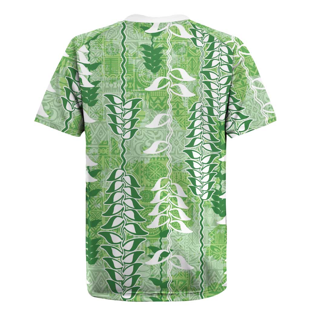 Green Hawaii Tapa Pattern Rugby Jersey With Heliconia Vintage Style