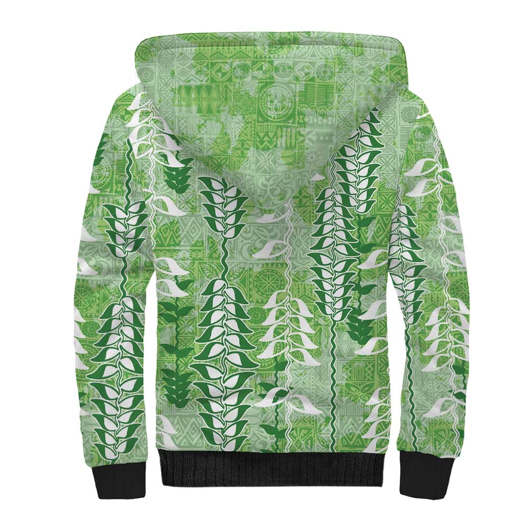 Green Hawaii Tapa Pattern Sherpa Hoodie With Heliconia Vintage Style
