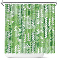 Green Hawaii Tapa Pattern Shower Curtain With Heliconia Vintage Style