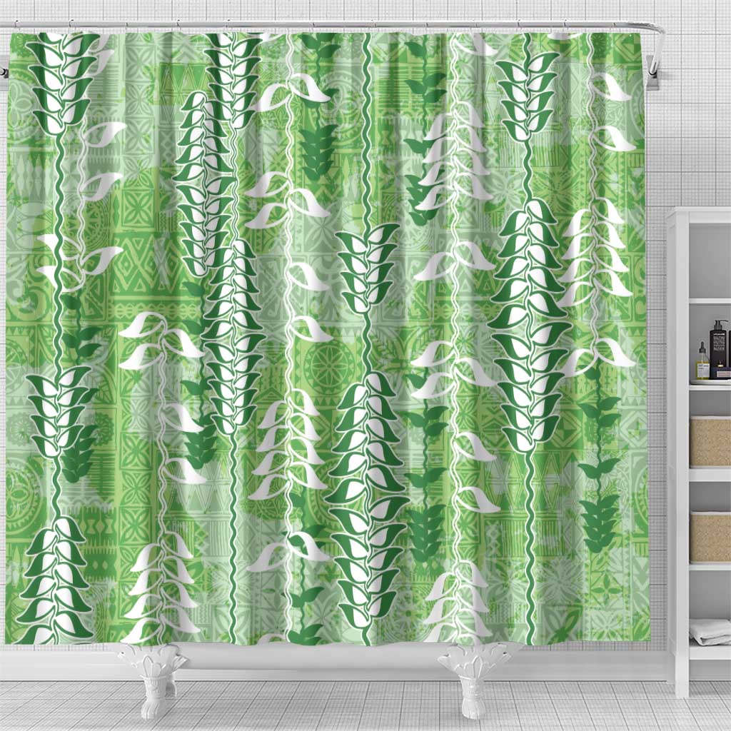 Green Hawaii Tapa Pattern Shower Curtain With Heliconia Vintage Style