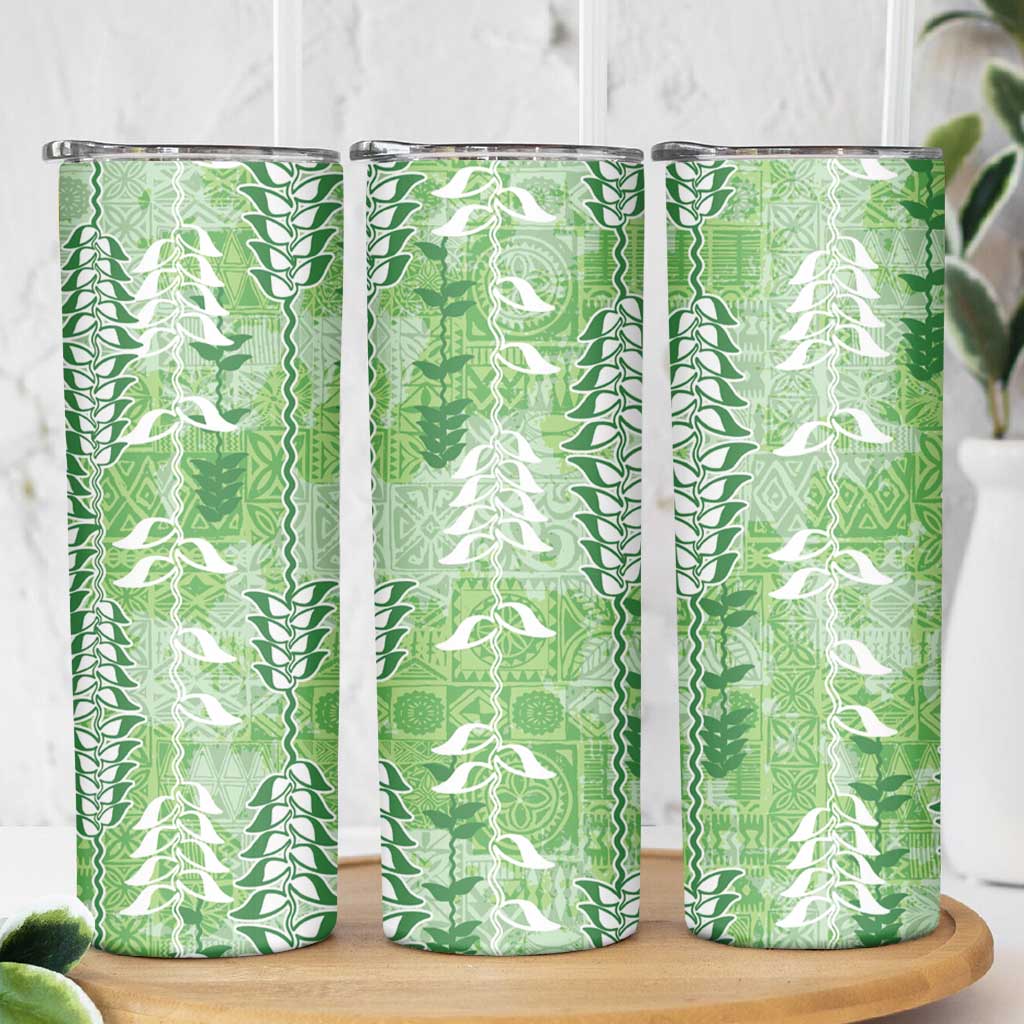 Green Hawaii Tapa Pattern Skinny Tumbler With Heliconia Vintage Style