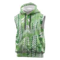 Green Hawaii Tapa Pattern Sleeveless Hoodie With Heliconia Vintage Style