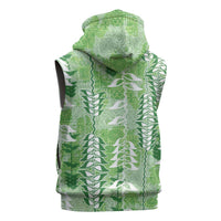Green Hawaii Tapa Pattern Sleeveless Hoodie With Heliconia Vintage Style