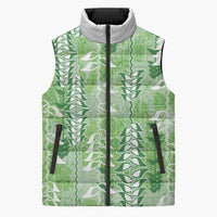 Green Hawaii Tapa Pattern Sleeveless Puffer Jacket With Heliconia Vintage Style