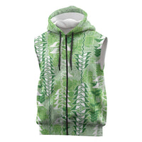 Green Hawaii Tapa Pattern Sleeveless Zip Hoodie With Heliconia Vintage Style