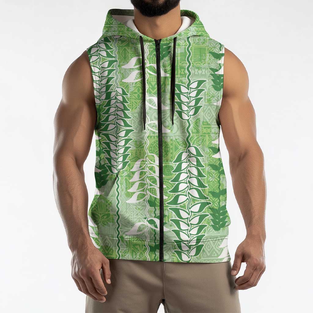 Green Hawaii Tapa Pattern Sleeveless Zip Hoodie With Heliconia Vintage Style