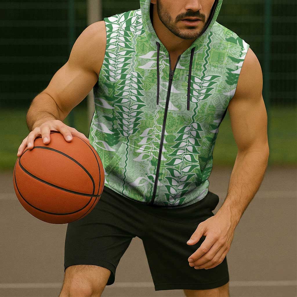 Green Hawaii Tapa Pattern Sleeveless Zip Hoodie With Heliconia Vintage Style