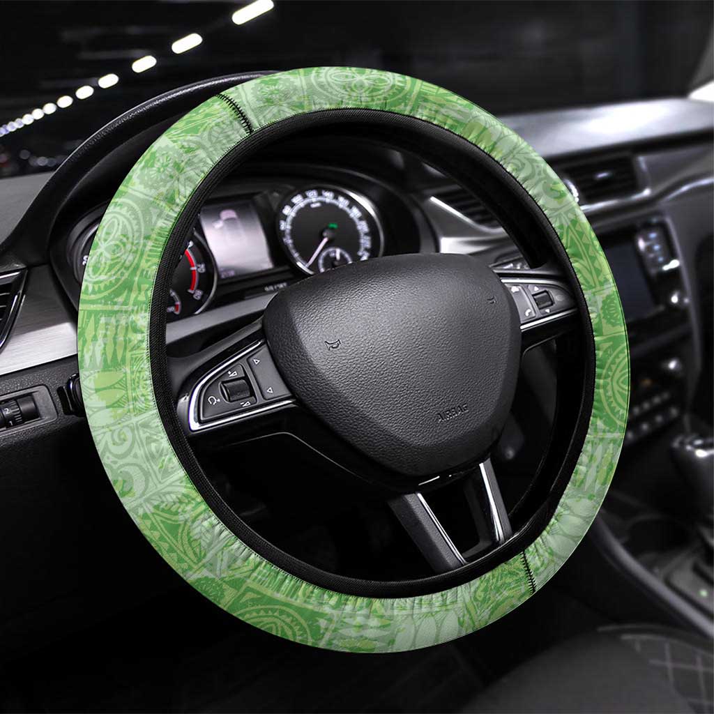 Green Hawaii Tapa Pattern Steering Wheel Cover With Heliconia Vintage Style