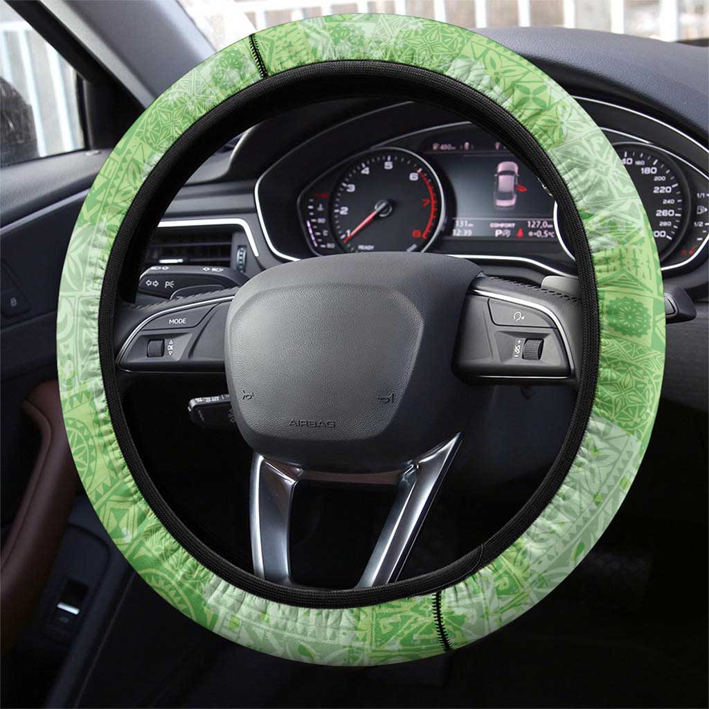 Green Hawaii Tapa Pattern Steering Wheel Cover With Heliconia Vintage Style