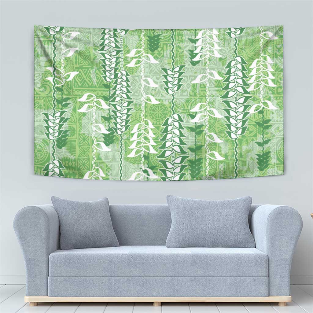 Green Hawaii Tapa Pattern Tapestry With Heliconia Vintage Style
