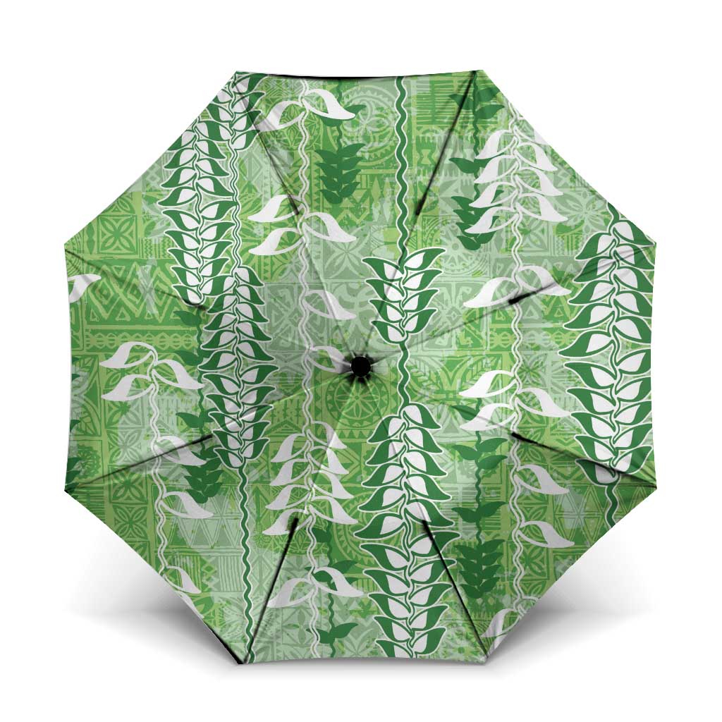 Green Hawaii Tapa Pattern Umbrella With Heliconia Vintage Style