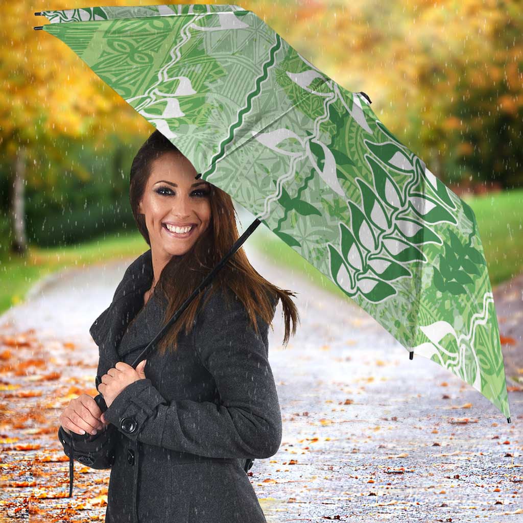 Green Hawaii Tapa Pattern Umbrella With Heliconia Vintage Style