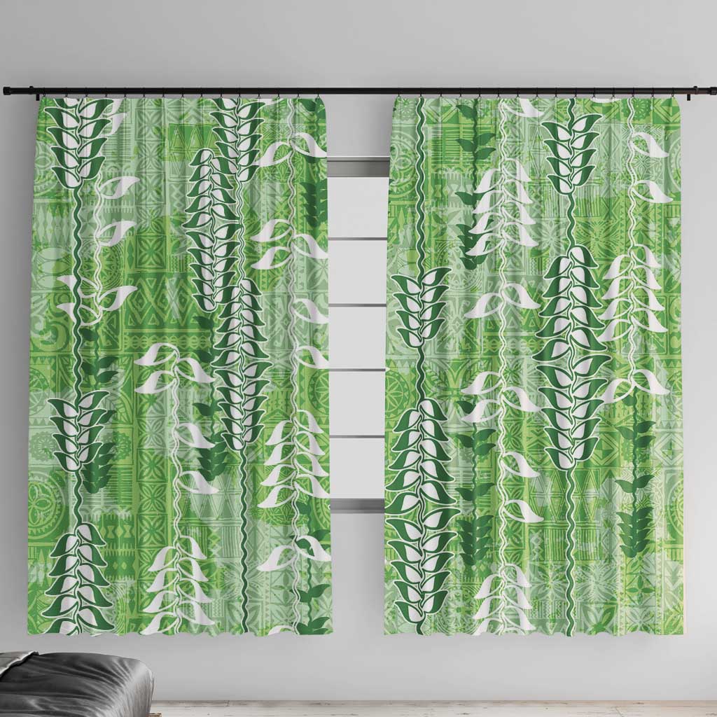 Green Hawaii Tapa Pattern Window Curtain With Heliconia Vintage Style