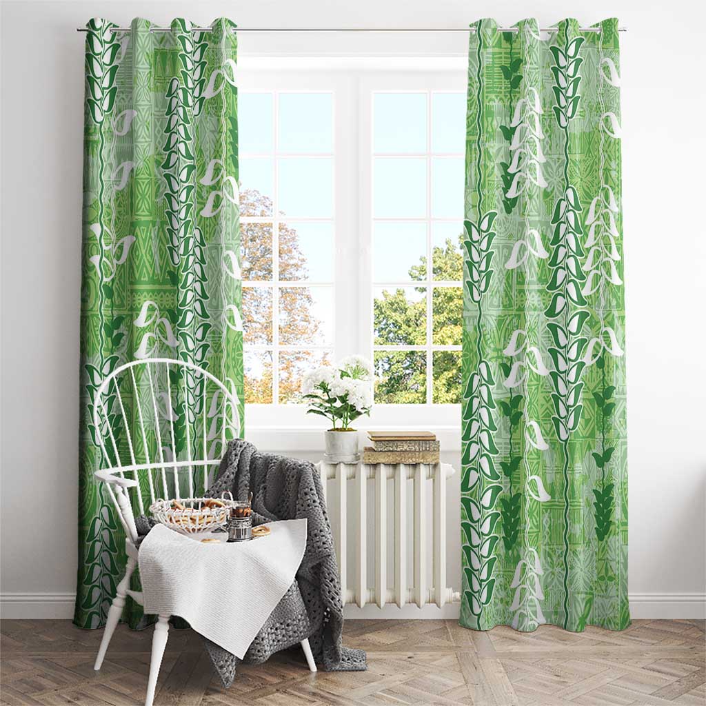 Green Hawaii Tapa Pattern Window Curtain With Heliconia Vintage Style