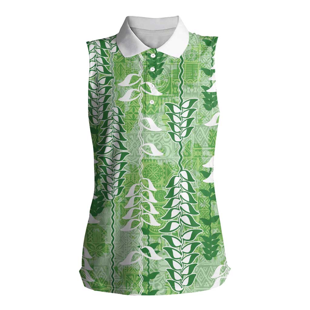 Green Hawaii Tapa Pattern Women Sleeveless Polo Shirt With Heliconia Vintage Style