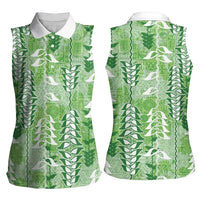 Green Hawaii Tapa Pattern Women Sleeveless Polo Shirt With Heliconia Vintage Style