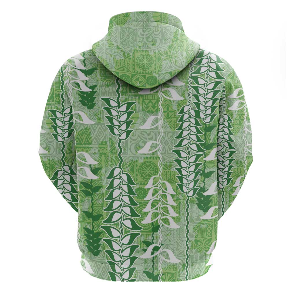 Green Hawaii Tapa Pattern Zip Hoodie With Heliconia Vintage Style