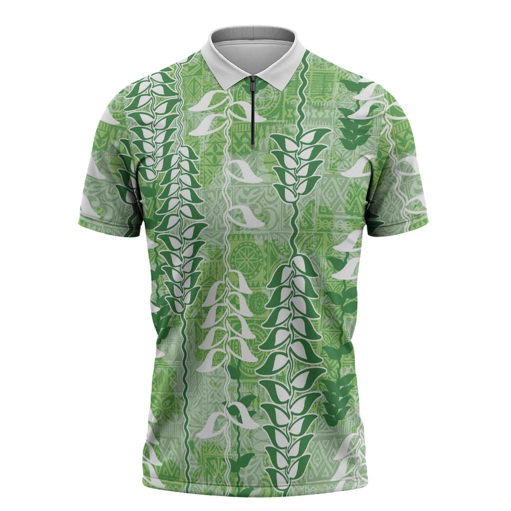 Green Hawaii Tapa Pattern Zipper Polo Shirt With Heliconia Vintage Style