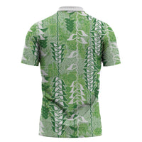 Green Hawaii Tapa Pattern Zipper Polo Shirt With Heliconia Vintage Style