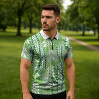 Green Hawaii Tapa Pattern Zipper Polo Shirt With Heliconia Vintage Style
