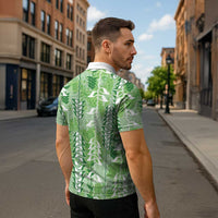 Green Hawaii Tapa Pattern Zipper Polo Shirt With Heliconia Vintage Style