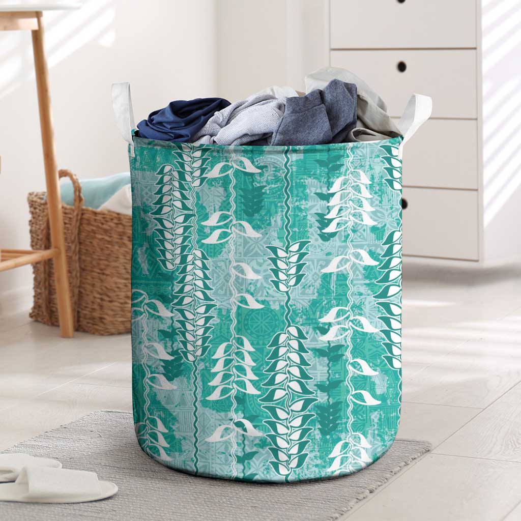 Teal Hawaii Tapa Pattern Laundry Basket With Heliconia Vintage Style