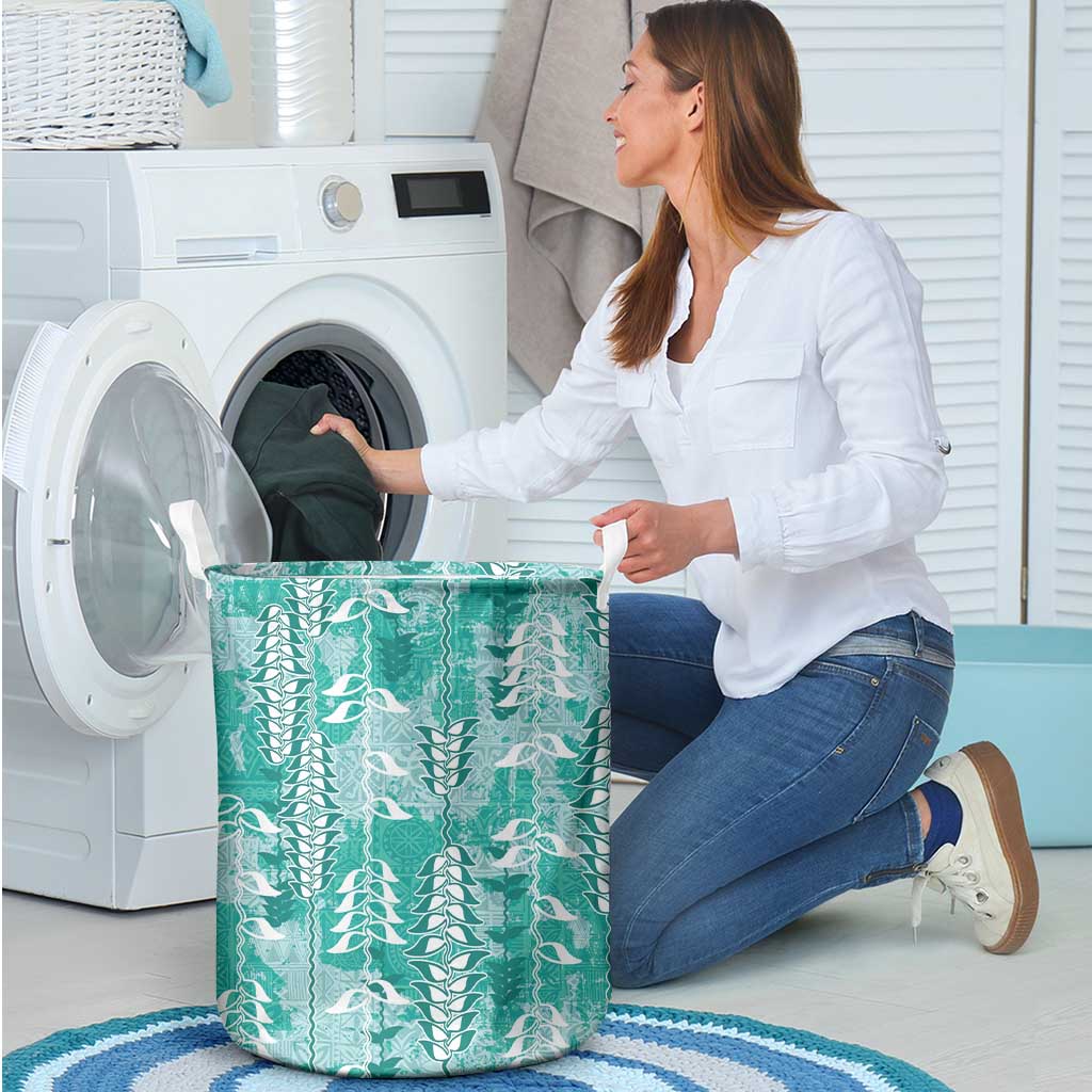 Teal Hawaii Tapa Pattern Laundry Basket With Heliconia Vintage Style