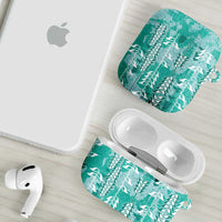 Teal Hawaii Tapa Pattern AirPods Case With Heliconia Vintage Style