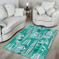 Teal Hawaii Tapa Pattern Area Rug With Heliconia Vintage Style