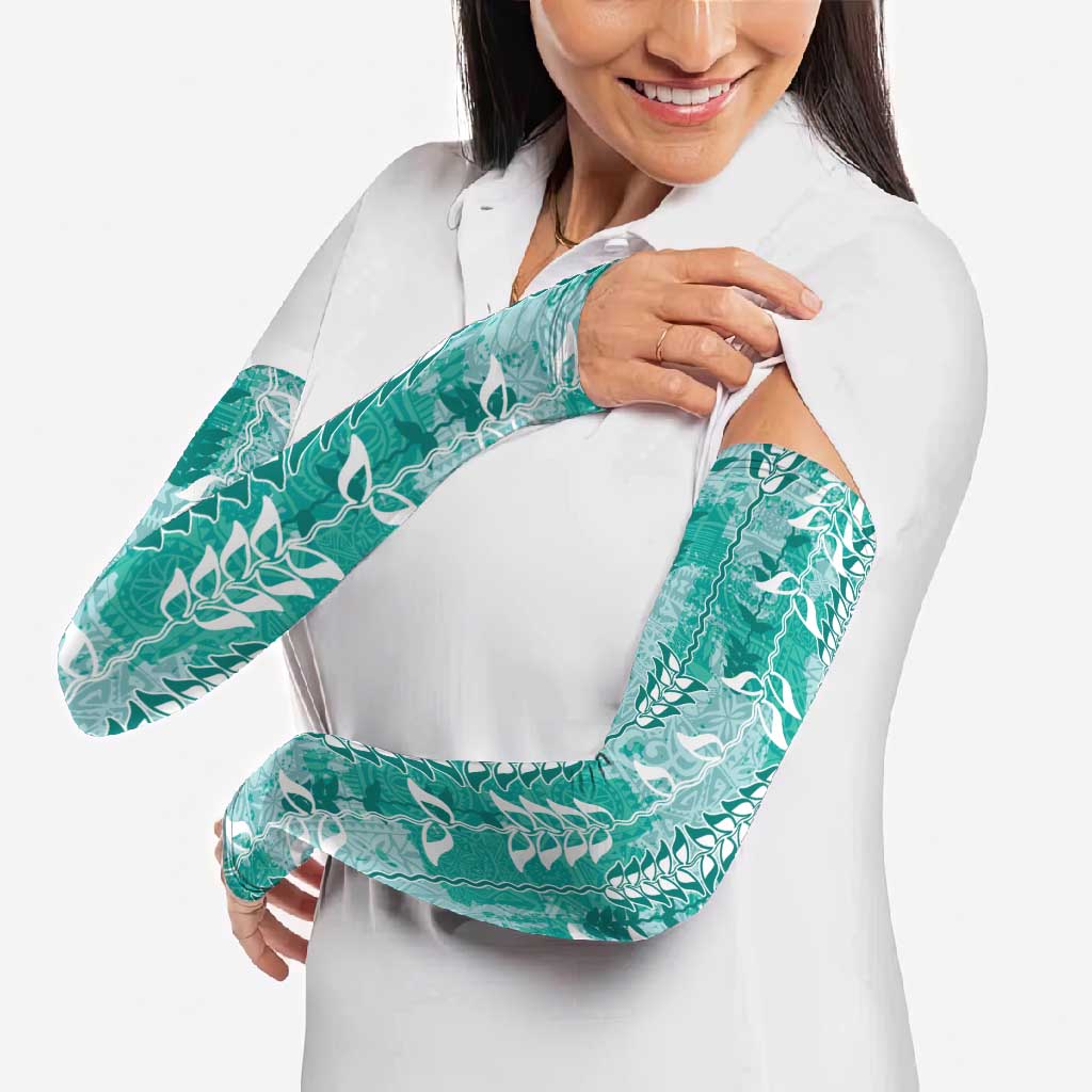 Teal Hawaii Tapa Pattern Arm Sleeves With Heliconia Vintage Style