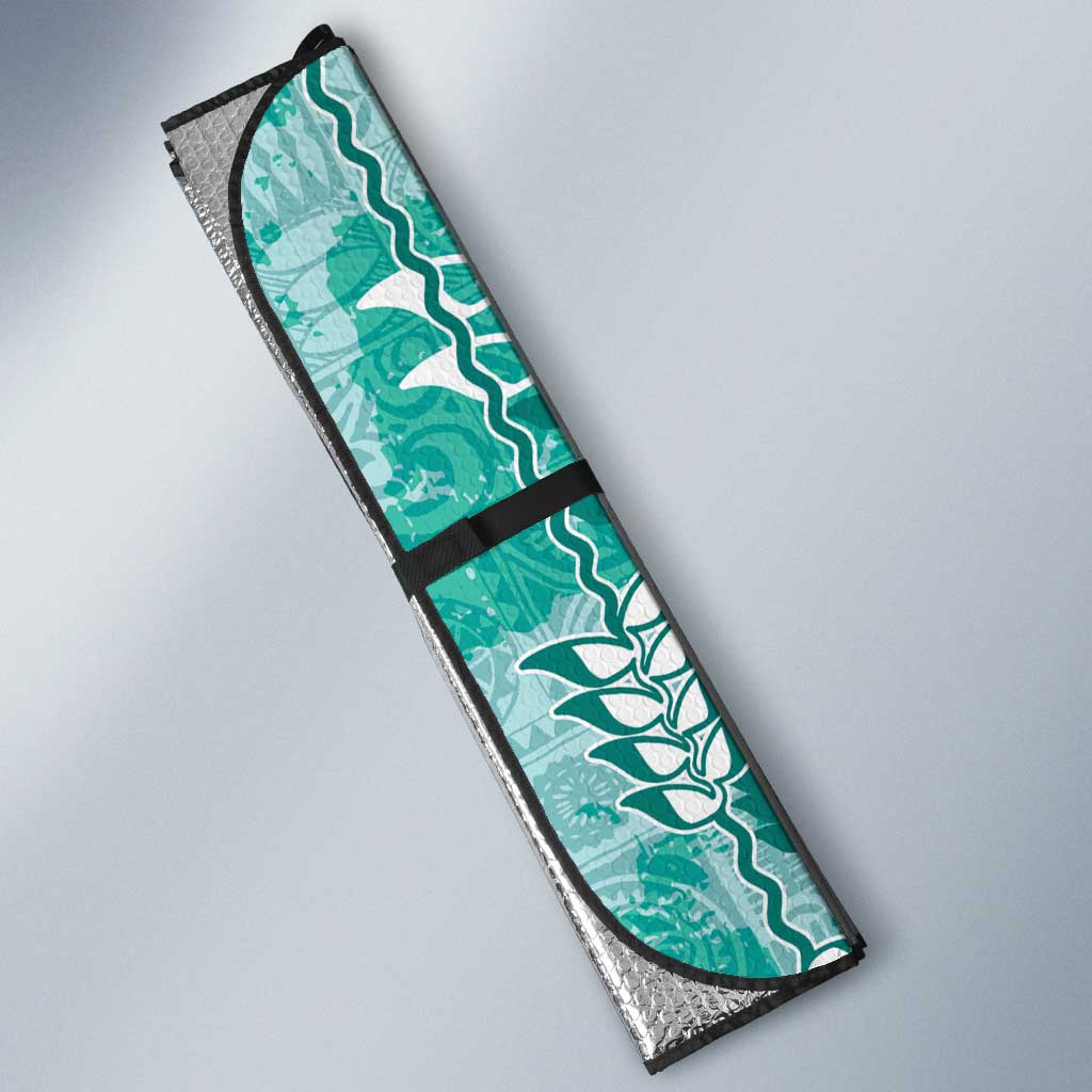 Teal Hawaii Tapa Pattern Auto Sun Shade With Heliconia Vintage Style