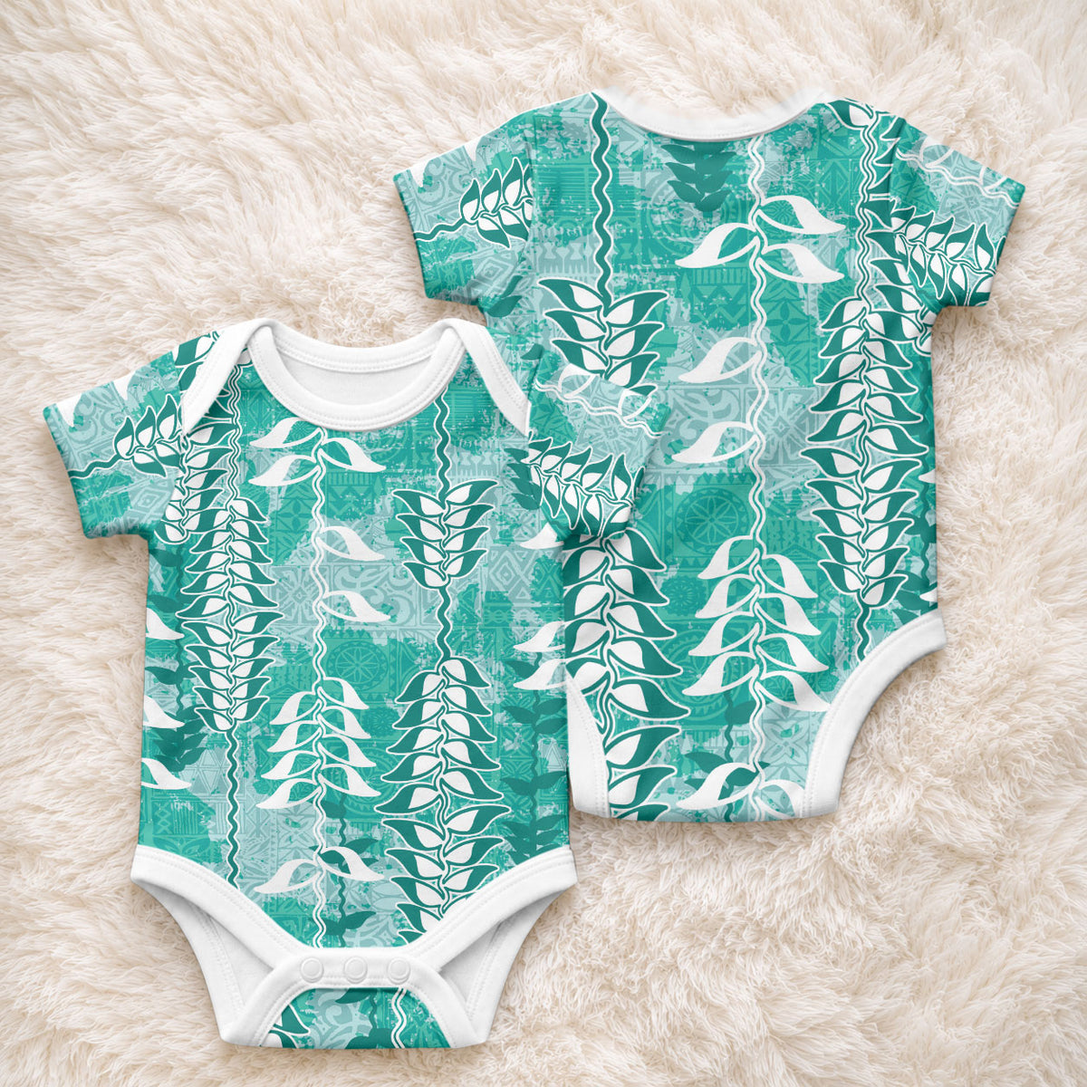 Teal Hawaii Tapa Pattern Baby Onesie With Heliconia Vintage Style LT05 - Polynesian Pride
