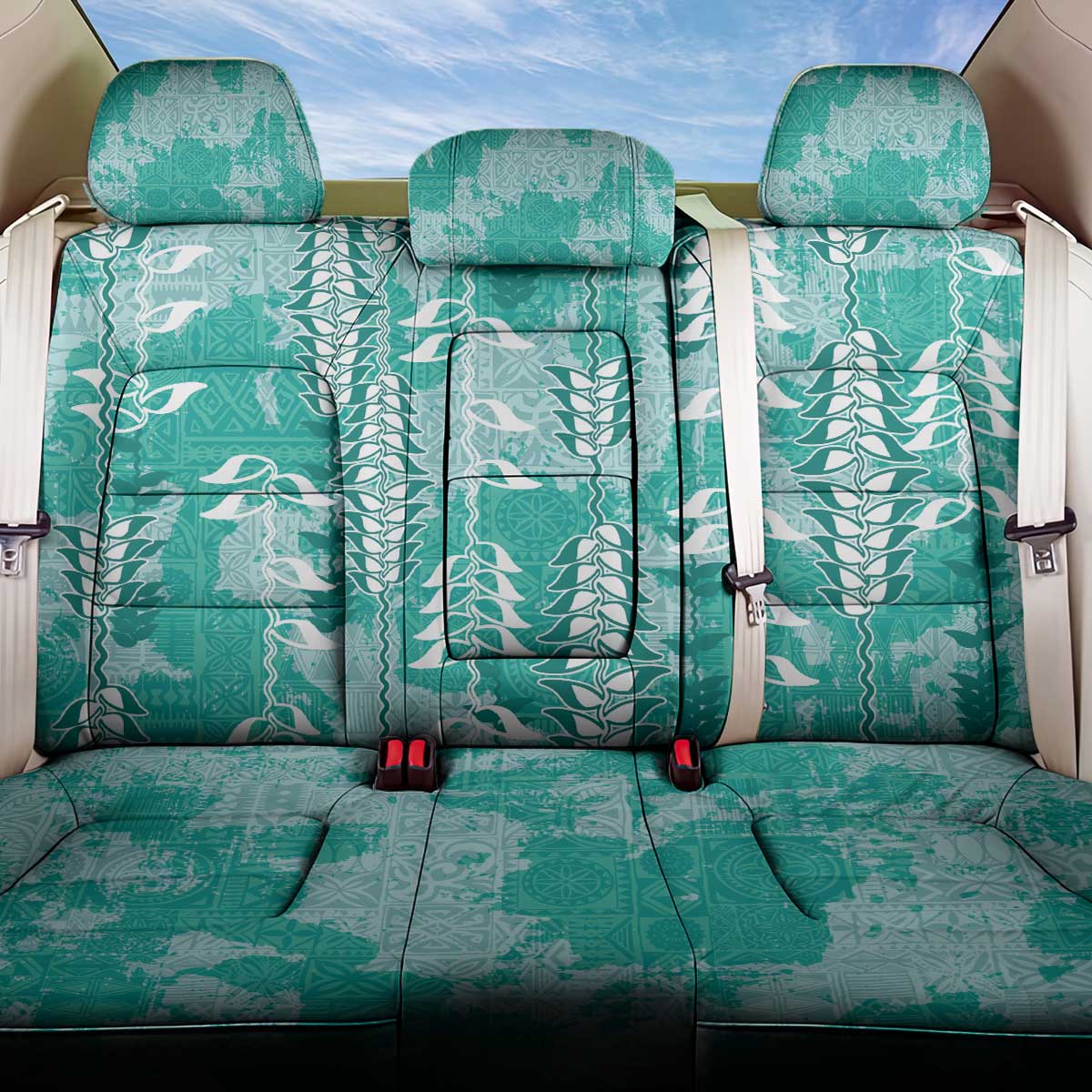 Teal Hawaii Tapa Pattern Back Car Seat Cover With Heliconia Vintage Style