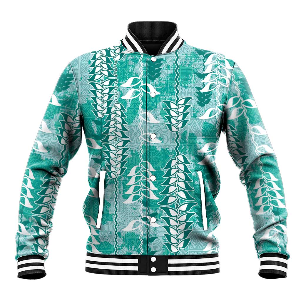 Teal Hawaii Tapa Pattern Baseball Jacket With Heliconia Vintage Style