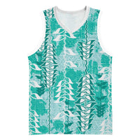 Teal Hawaii Tapa Pattern Basketball Jersey With Heliconia Vintage Style
