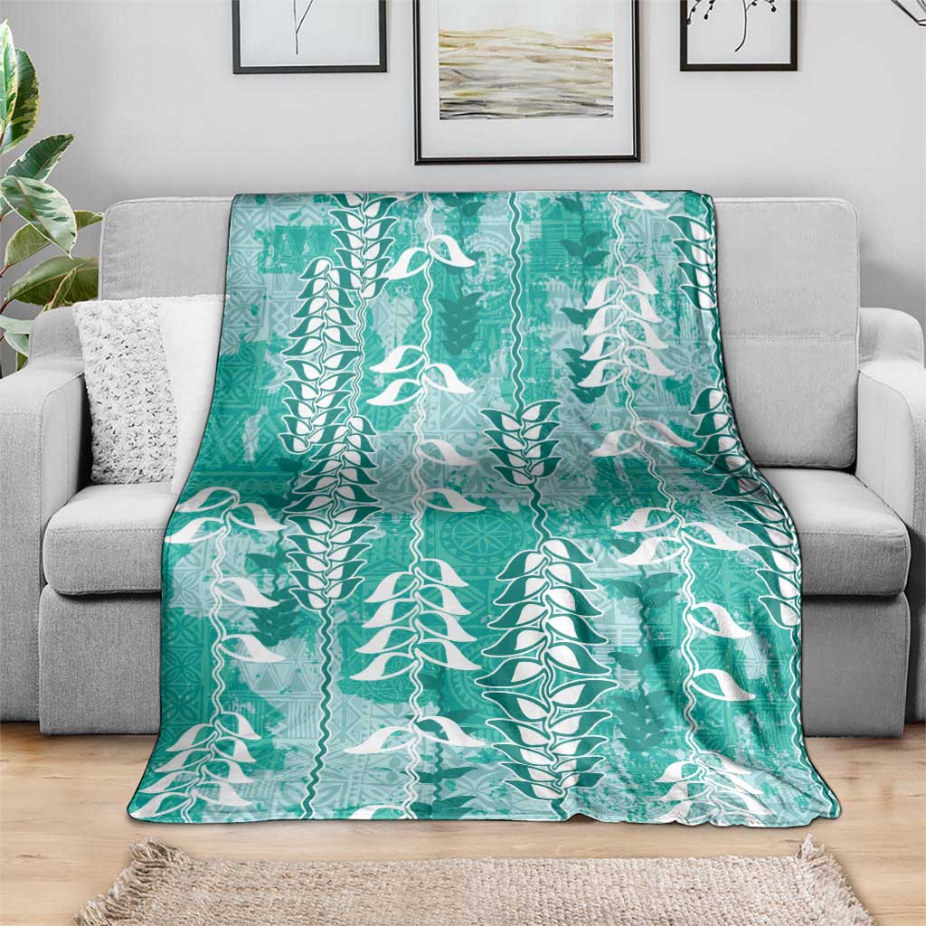 Teal Hawaii Tapa Pattern Blanket With Heliconia Vintage Style
