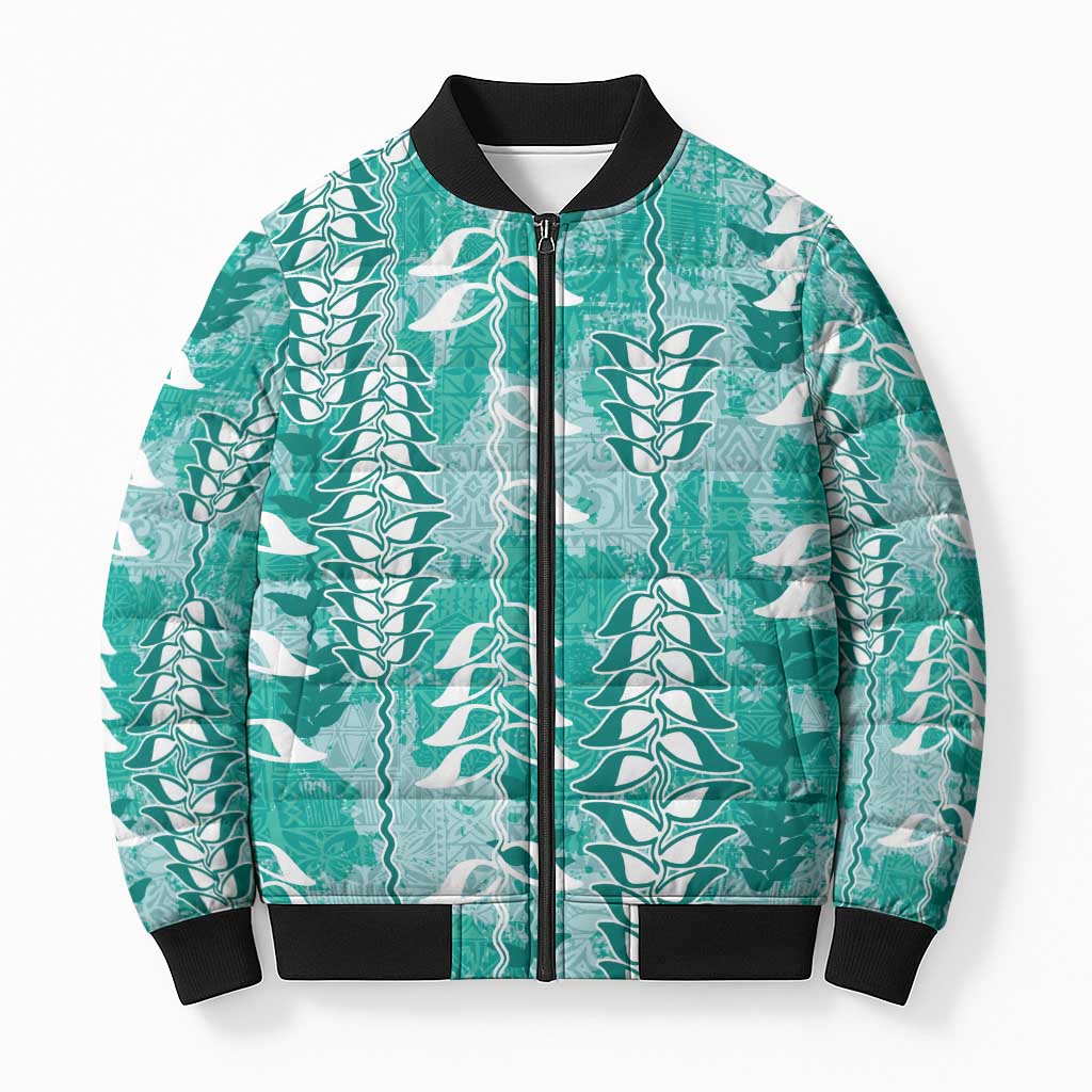 Teal Hawaii Tapa Pattern Bomber Puffer Jacket With Heliconia Vintage Style