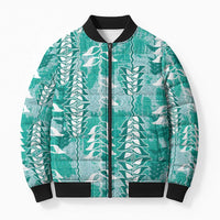 Teal Hawaii Tapa Pattern Bomber Puffer Jacket With Heliconia Vintage Style