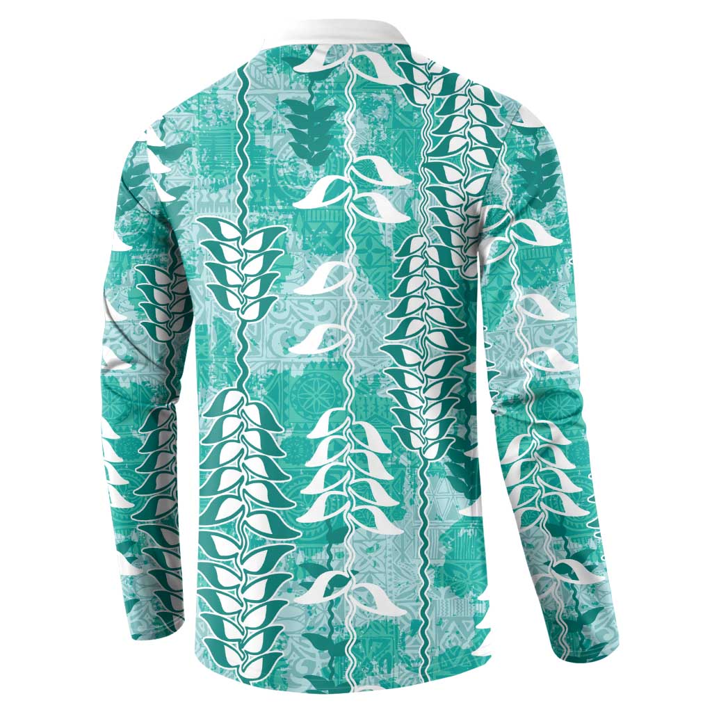 Teal Hawaii Tapa Pattern Button Sweatshirt With Heliconia Vintage Style
