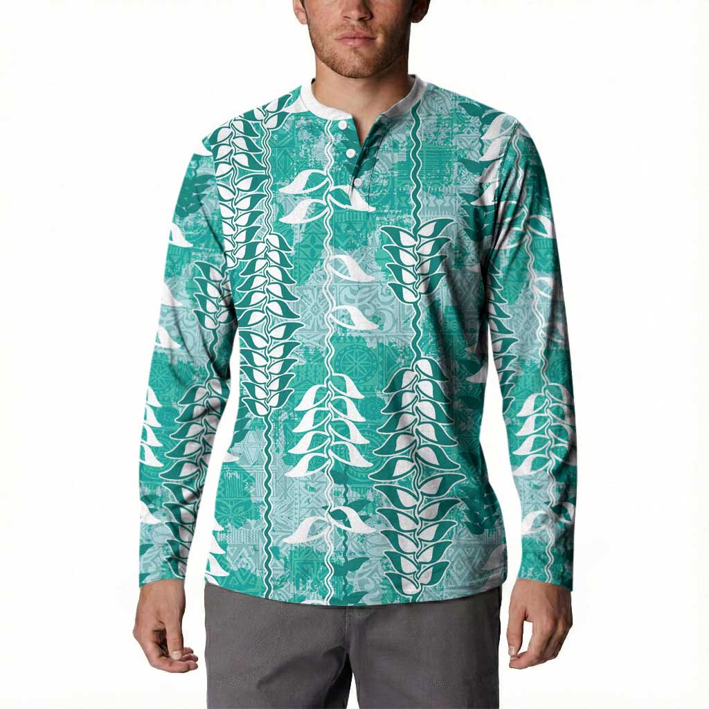Teal Hawaii Tapa Pattern Button Sweatshirt With Heliconia Vintage Style