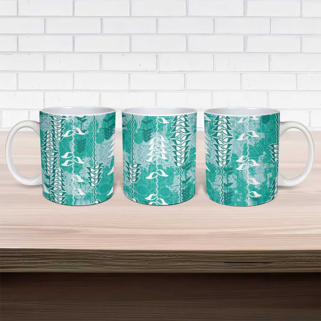 Teal Hawaii Tapa Pattern Ceramic Mug With Heliconia Vintage Style