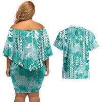 Teal Hawaii Tapa Pattern Couples Matching Off Shoulder Short Dress and Hawaiian Shirt With Heliconia Vintage Style