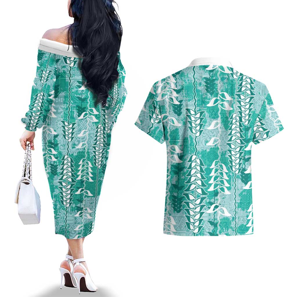 Teal Hawaii Tapa Pattern Couples Matching Off The Shoulder Long Sleeve Dress and Hawaiian Shirt With Heliconia Vintage Style