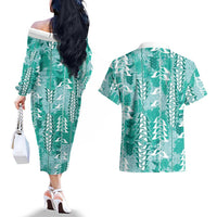 Teal Hawaii Tapa Pattern Couples Matching Off The Shoulder Long Sleeve Dress and Hawaiian Shirt With Heliconia Vintage Style