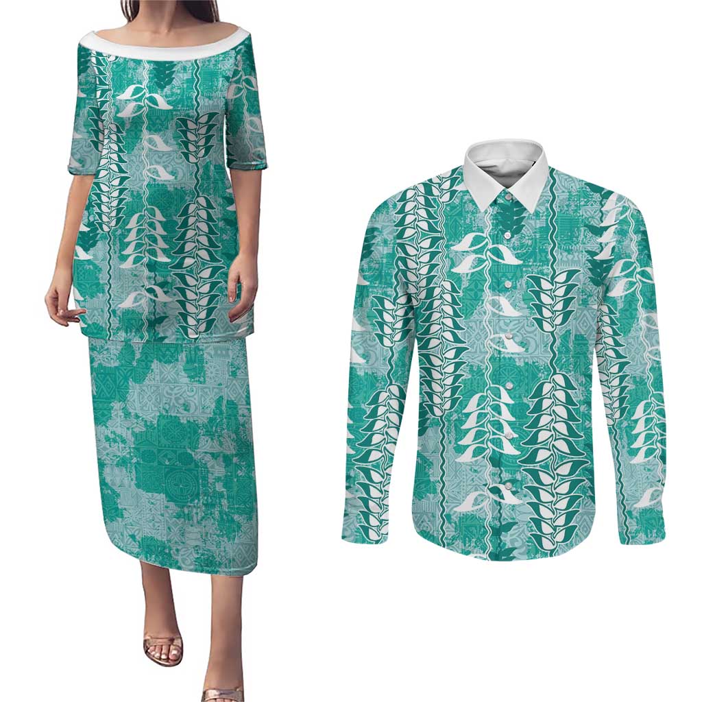Teal Hawaii Tapa Pattern Couples Matching Puletasi and Long Sleeve Button Shirt With Heliconia Vintage Style