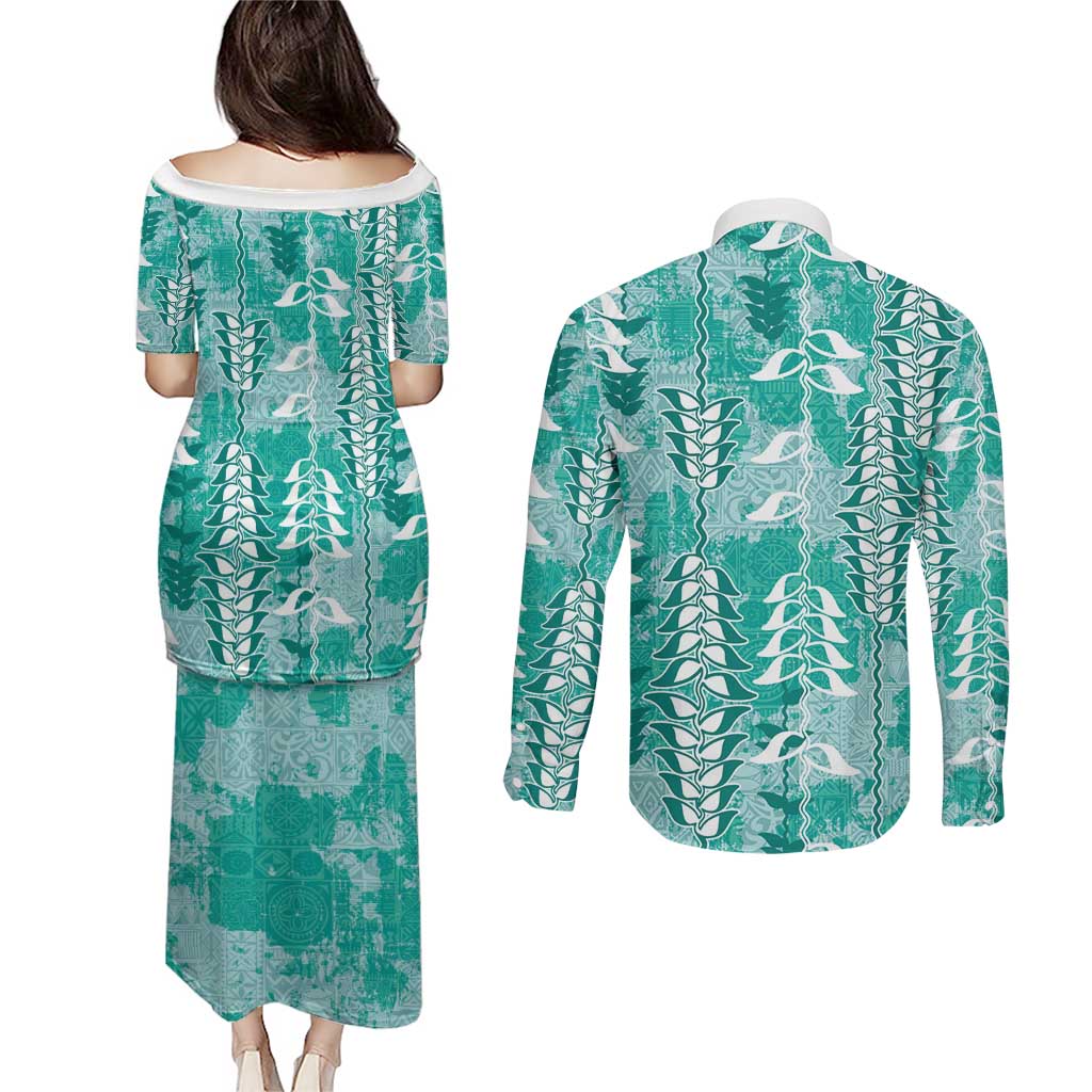 Teal Hawaii Tapa Pattern Couples Matching Puletasi and Long Sleeve Button Shirt With Heliconia Vintage Style