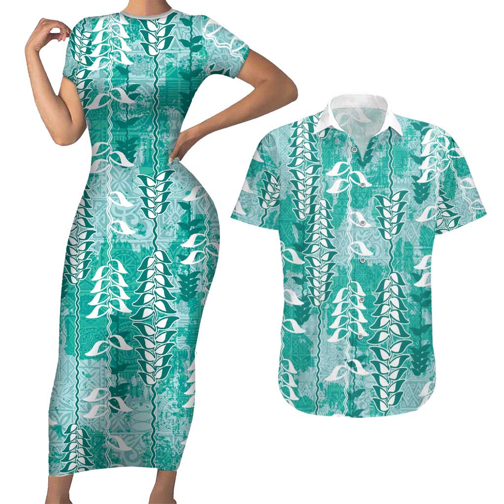 Teal Hawaii Tapa Pattern Couples Matching Short Sleeve Bodycon Dress and Hawaiian Shirt With Heliconia Vintage Style